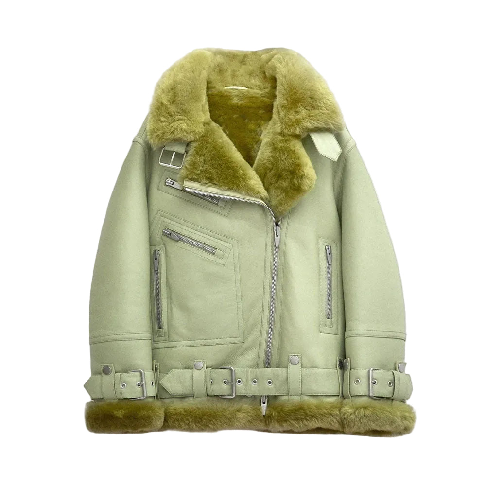 Women Light Green Aviator Styled Sheepskin Shearling Leather Jacket