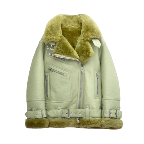 Women Light Green Aviator Styled Sheepskin Shearling Leather Jacket