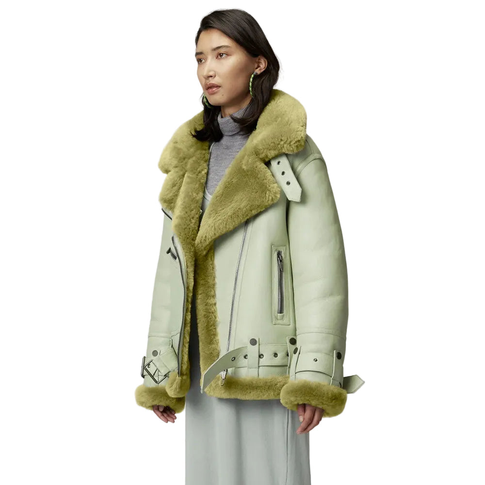 Women Light Green Aviator Styled Sheepskin Shearling Leather Jacket