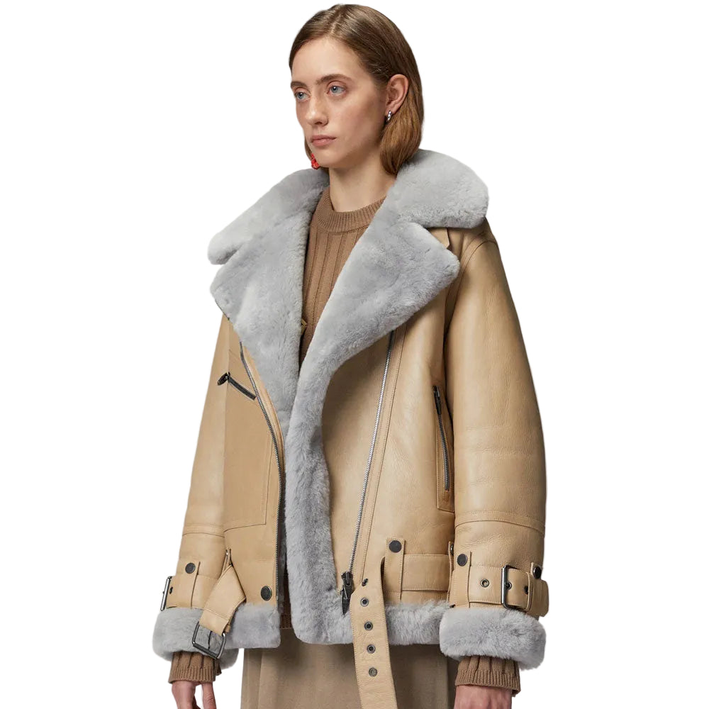 Women RAF Aviator Styled Lambskin Shearling Leather Jacket