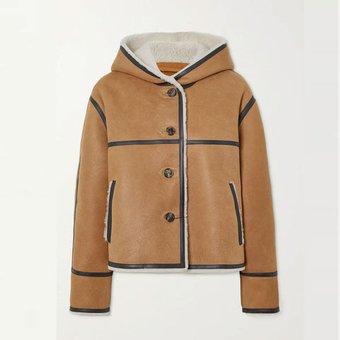 Women RAF B3 Hooded Leather-trimmed Sheepskin Shearling Bomber Leather Jacket
