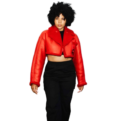 Women Red  Pilot Aviator Flight  B3 Bomber Faux Fur Shearling Real Sheepskin Leather Jacket