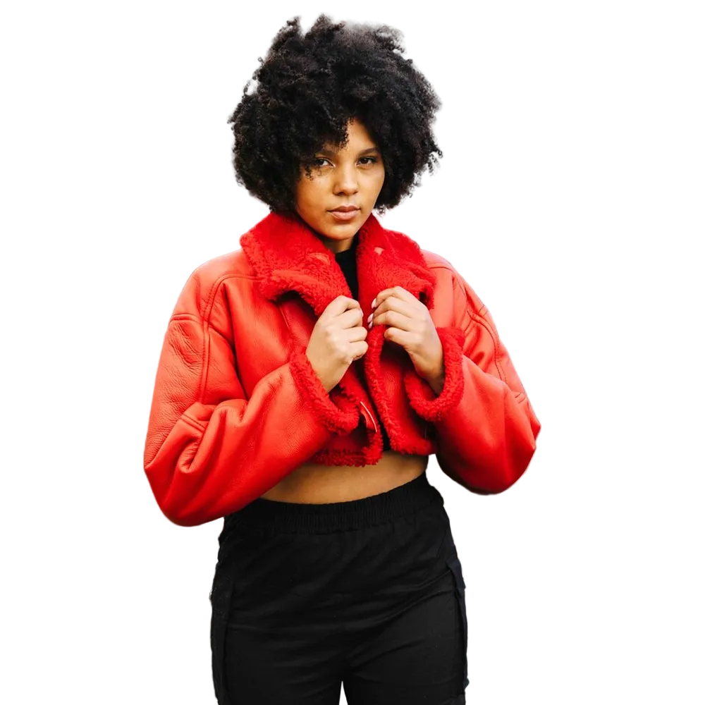 Women Red  Pilot Aviator Flight  B3 Bomber Faux Fur Shearling Real Sheepskin Leather Jacket