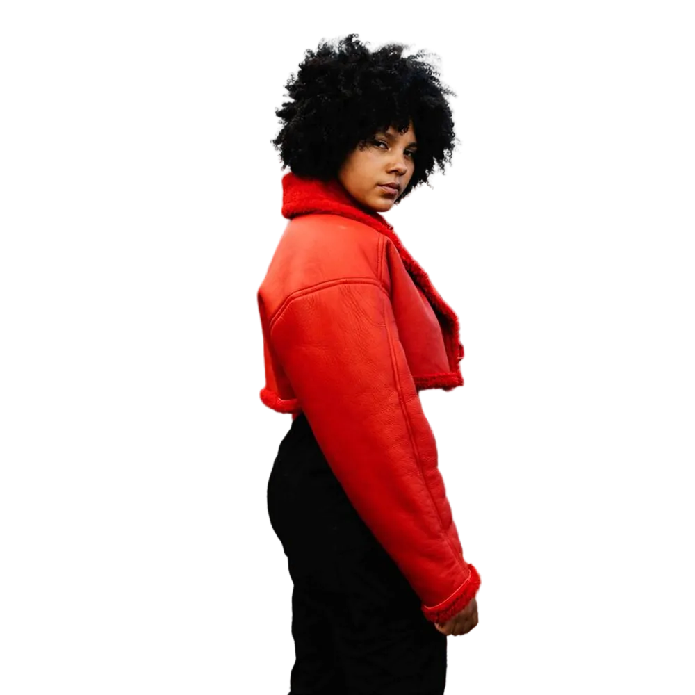 Women Red  Pilot Aviator Flight  B3 Bomber Faux Fur Shearling Real Sheepskin Leather Jacket