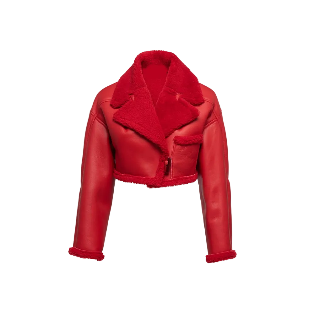 Women Red  Pilot Aviator Flight  B3 Bomber Faux Fur Shearling Real Sheepskin Leather Jacket