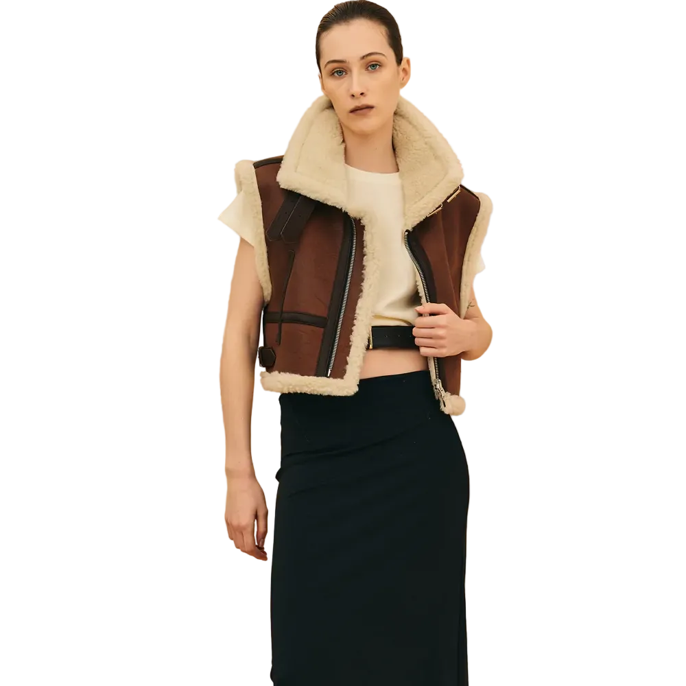 Women Sheepskin Brown Shearling AviatorLeather Vest