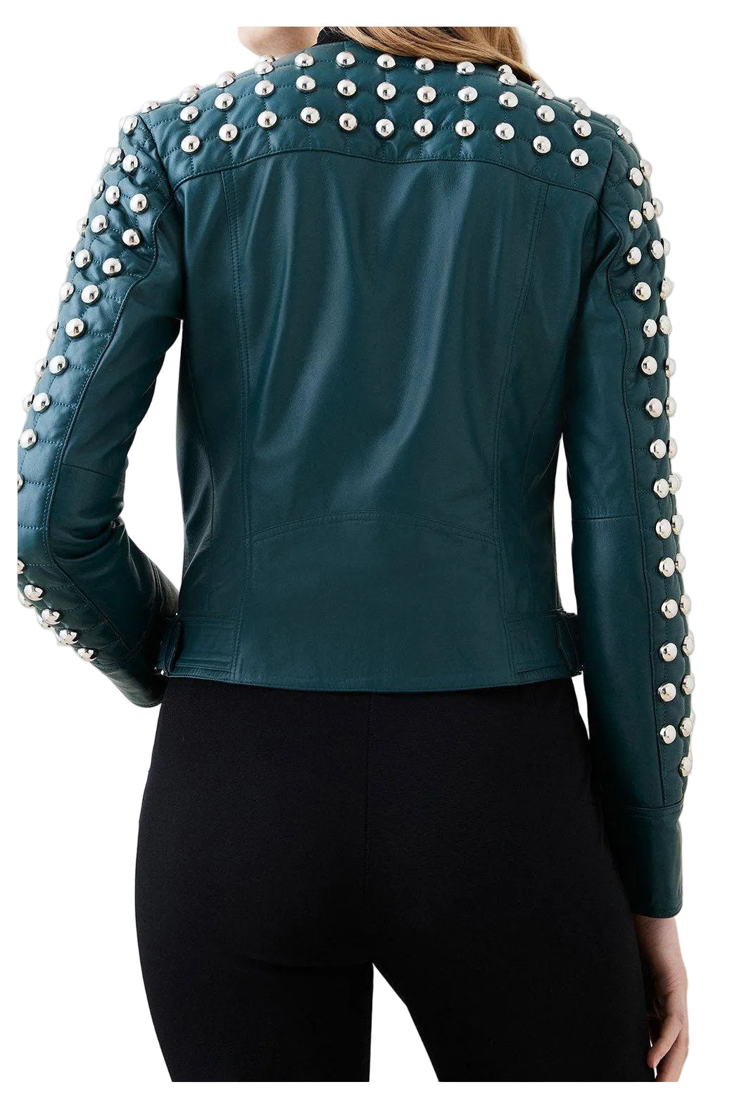women's silver studded leather biker jacket odette side angle
