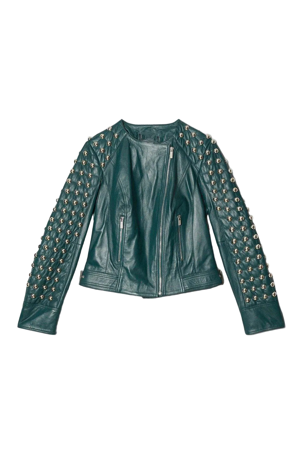 women's silver studded leather biker jacket odette detail close up