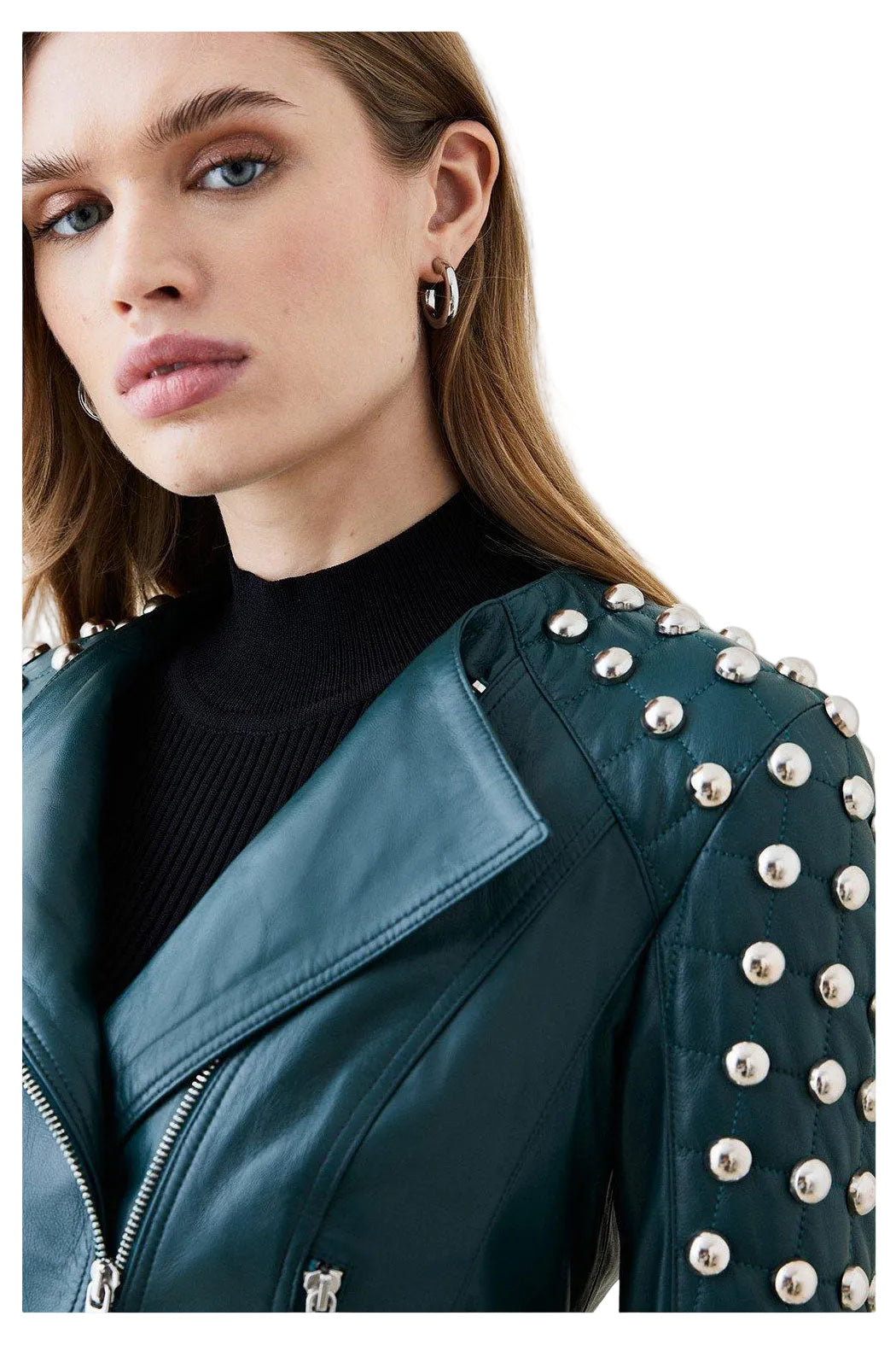 women's silver studded leather biker jacket odette back view