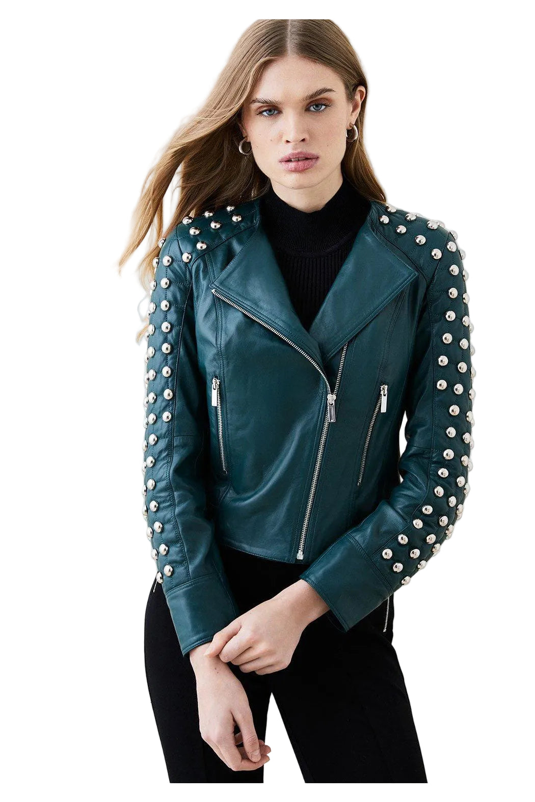 women's silver studded leather biker jacket odette front view