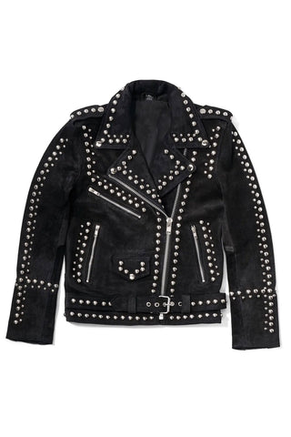 women's black studded suede leather jacket clara front view