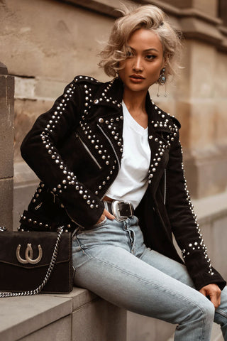 women's black studded suede leather jacket clara side angle