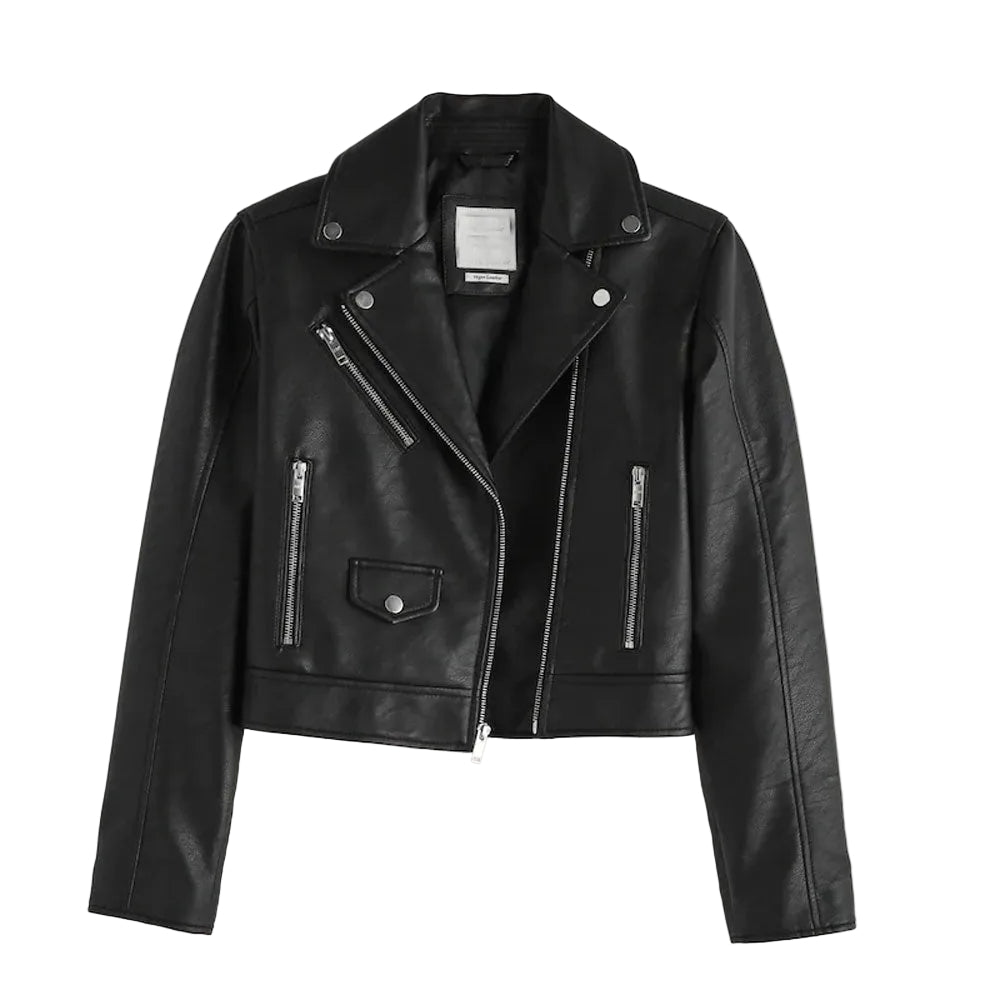 Women black cowhide Biker Leather Jacket
