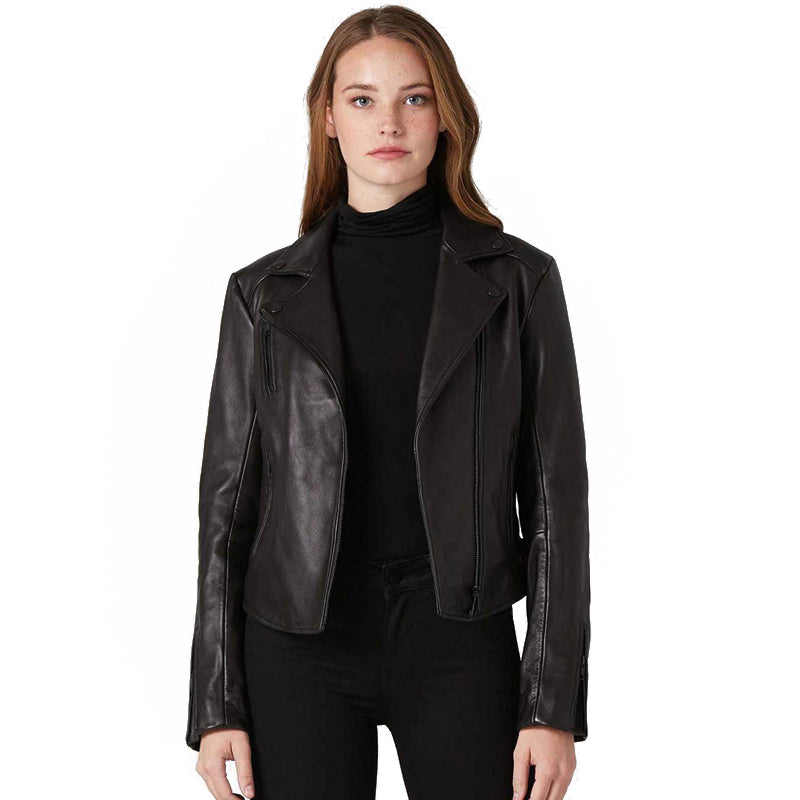 Women's Black Leather Biker Jacket - AMSEL LEATHERS