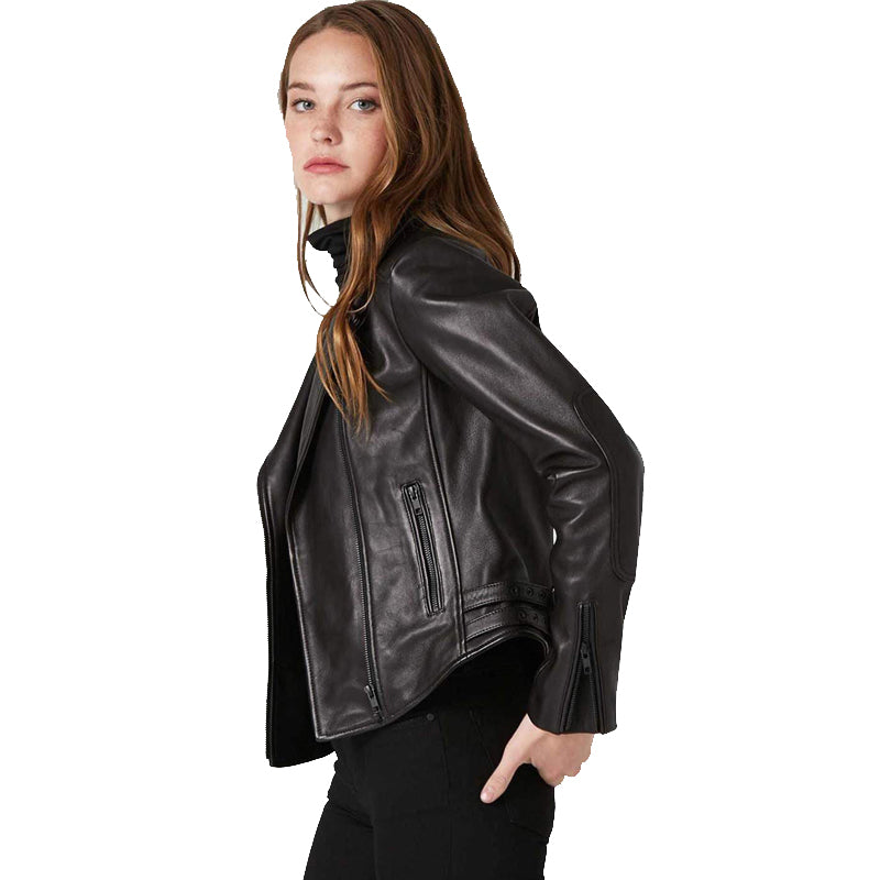 Women's Black Leather Biker Jacket - AMSEL LEATHERS