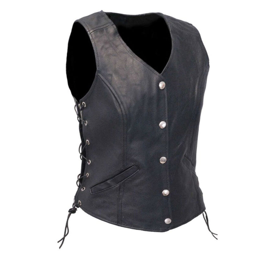 Women's Black Leather Biker Vest - AMSEL LEATHERS