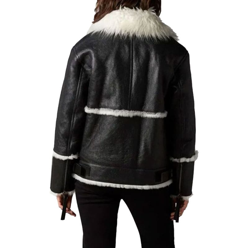 Women's Black Leather Ivory Shearling Fur Jacket - AMSEL LEATHERS