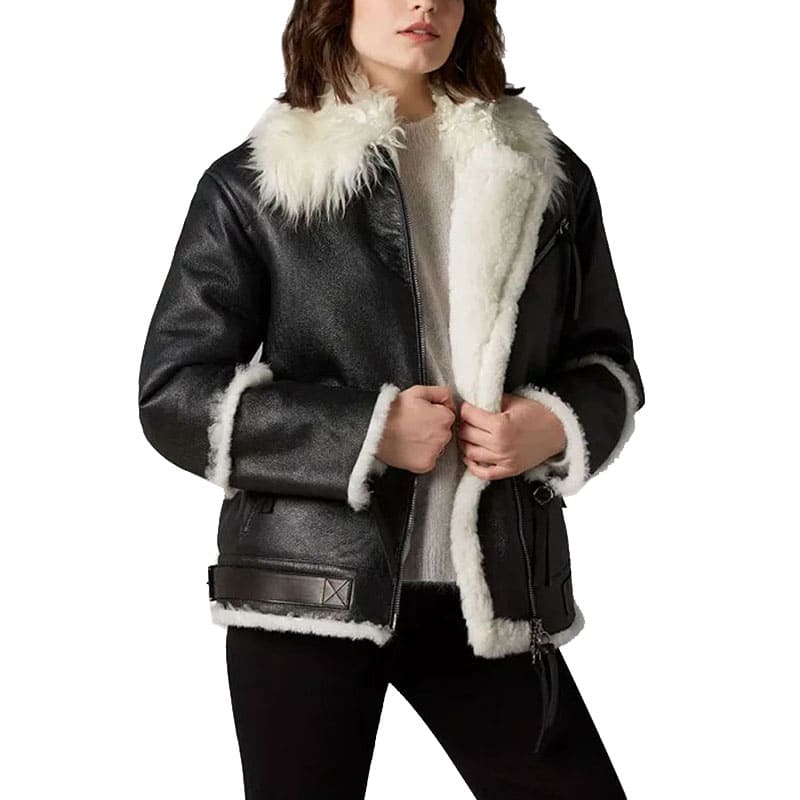 Women's Black Leather Ivory Shearling Fur Jacket - AMSEL LEATHERS