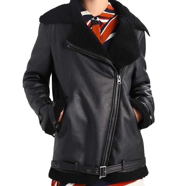 Women's Black Shearling Leather Aviator Jacket - AMSEL LEATHERS