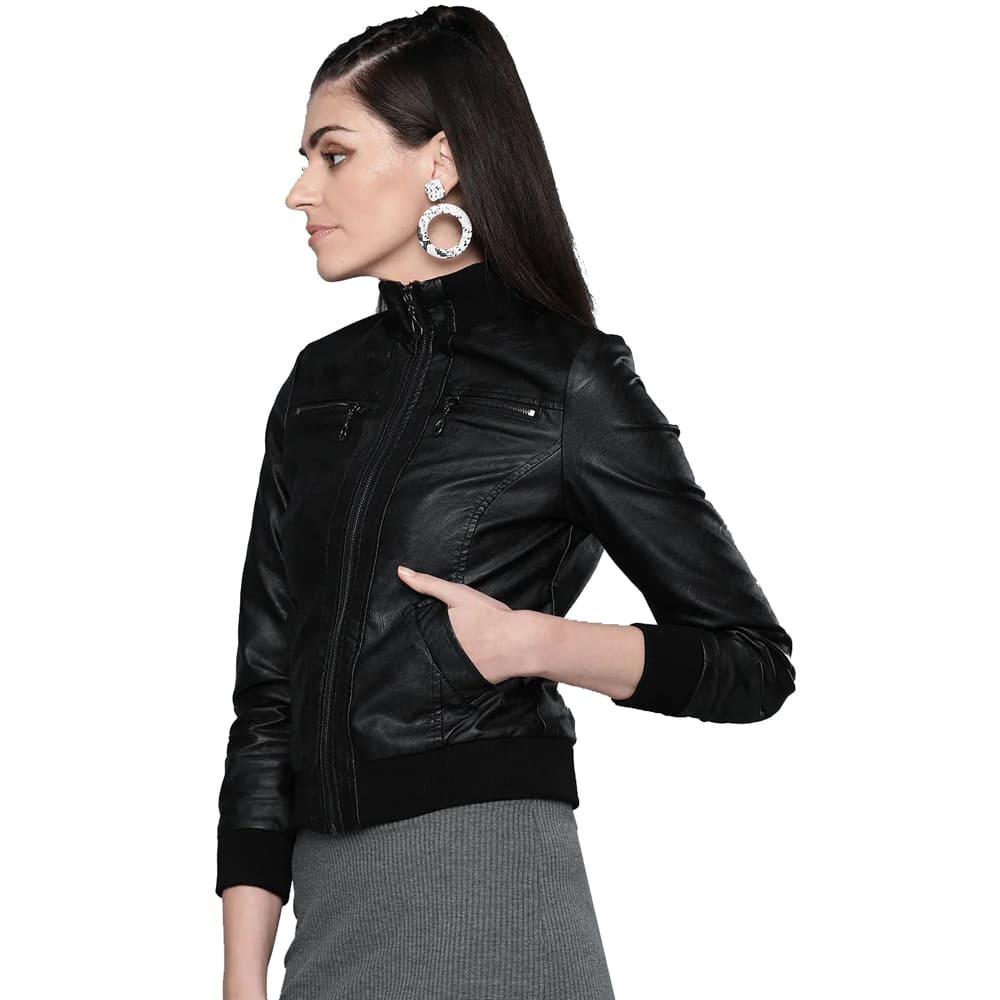 Women's Black Solid Bomber Leather Jacket - AMSEL LEATHERS