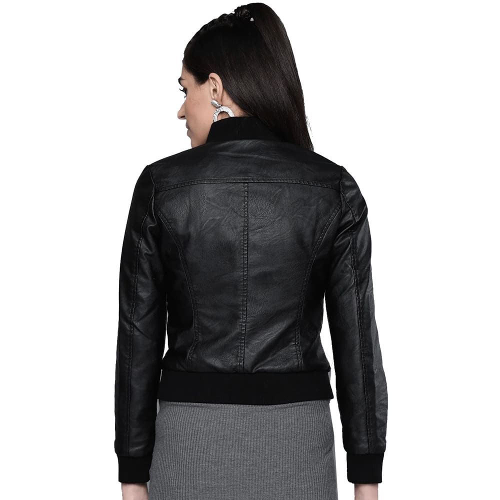 Women's Black Solid Bomber Leather Jacket - AMSEL LEATHERS