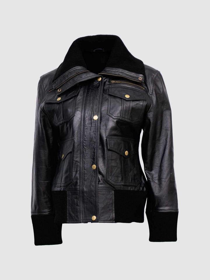 Women's Four-Pocket Black Leather Bomber Jacket - AMSEL LEATHERS