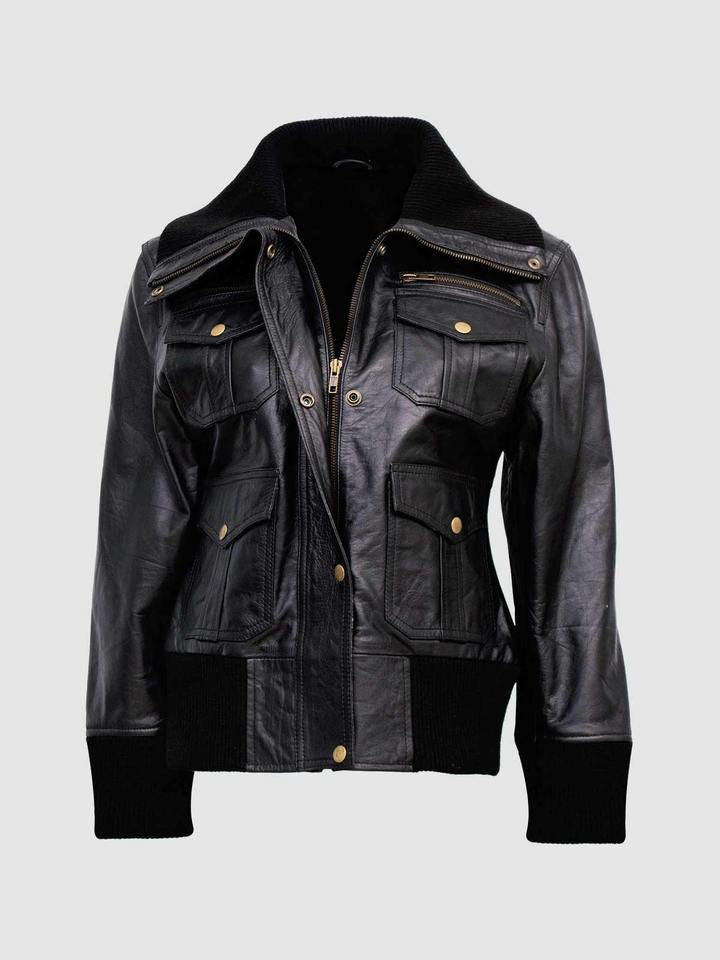 Women's Four-Pocket Black Leather Bomber Jacket - AMSEL LEATHERS