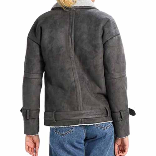 Women's Grey Shearling Motorcycle Jacket - AMSEL LEATHERS