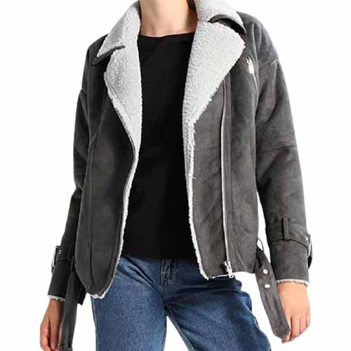 Women's Grey Shearling Motorcycle Jacket - AMSEL LEATHERS