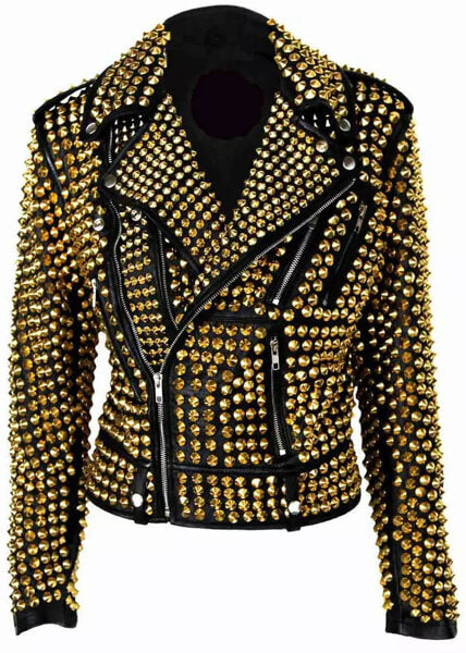 Women's Brando Golden Metal Studded Moto Biker Cowhide Leather Jacket - AMSEL LEATHERS