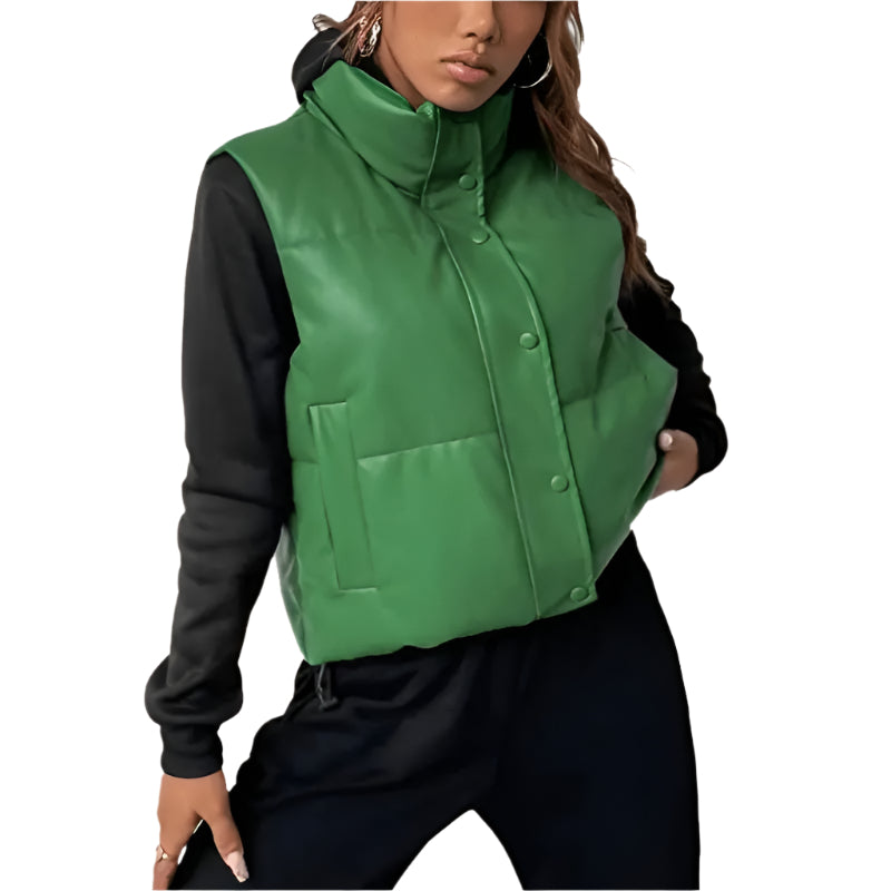 Women's Puffer Leather Vest in Green Amsel Leathers