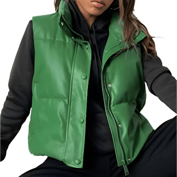 Women's Puffer Leather Vest in Green Amsel Leathers