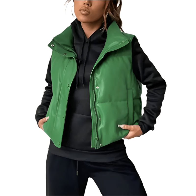 Women's Puffer Leather Vest in Green Amsel Leathers