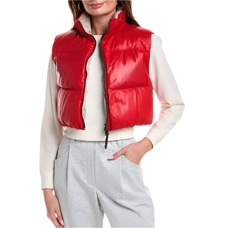 Women's Red Lambskin Leather Short Puffer Vest - AMSEL LEATHERS