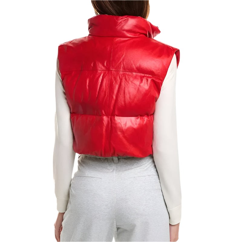 Women's Red Lambskin Leather Short Puffer Vest - AMSEL LEATHERS