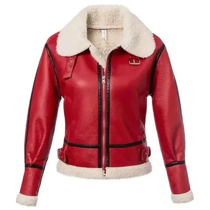 Women's Red Shearling Leather Jacket - Festive Christmas Style - AMSEL LEATHERS