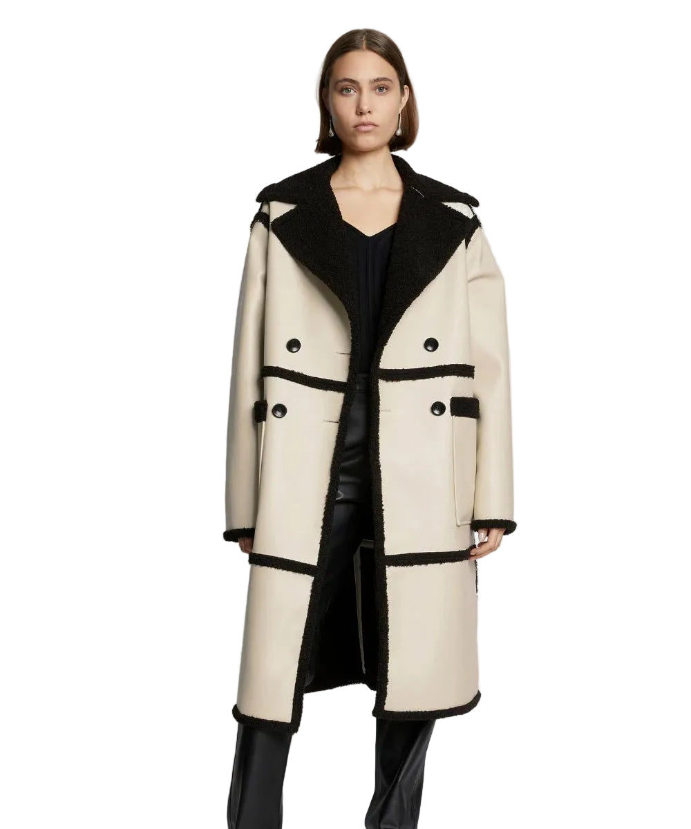 Women's Aviator Shearling Leather Trench Long Coat