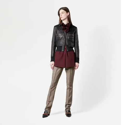 women’s black sheepskin leather aviator jacket side angle