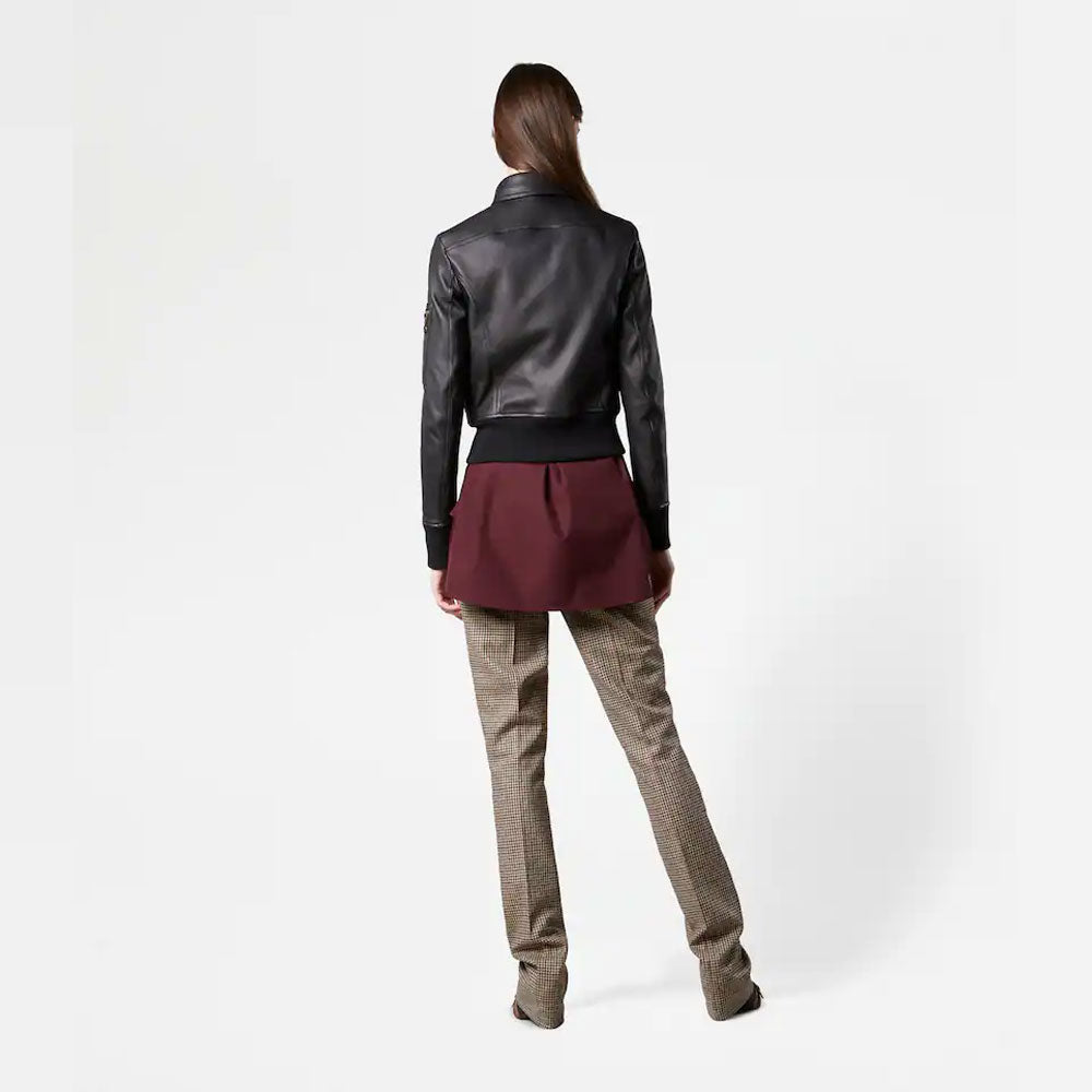women’s black sheepskin leather aviator jacket back view