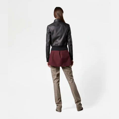 women’s black sheepskin leather aviator jacket back view
