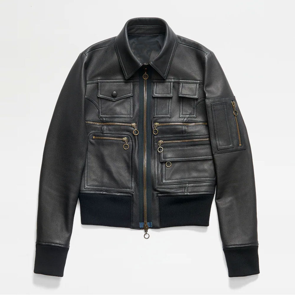 women’s black sheepskin leather aviator jacket front view