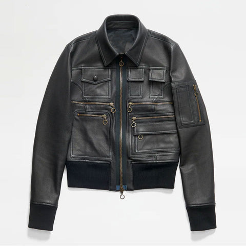 women’s black sheepskin leather aviator jacket front view