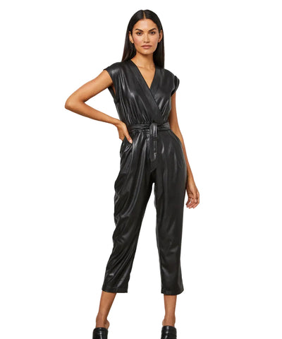women's black leather jumpsuit freya front view