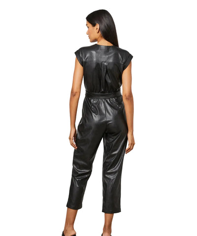 women's black leather jumpsuit freya back view
