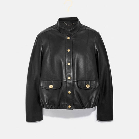 women’s black sheepskin leather aviator jacket front view
