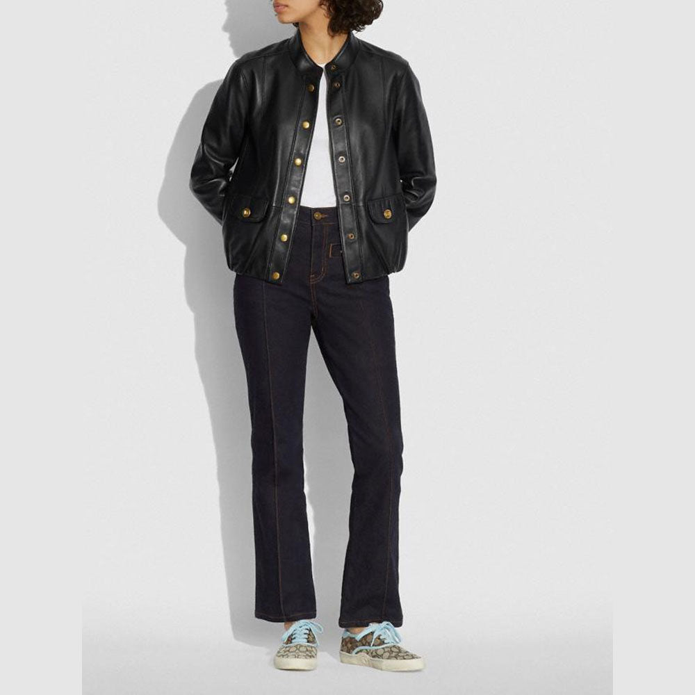 women’s black sheepskin leather aviator jacket side angle