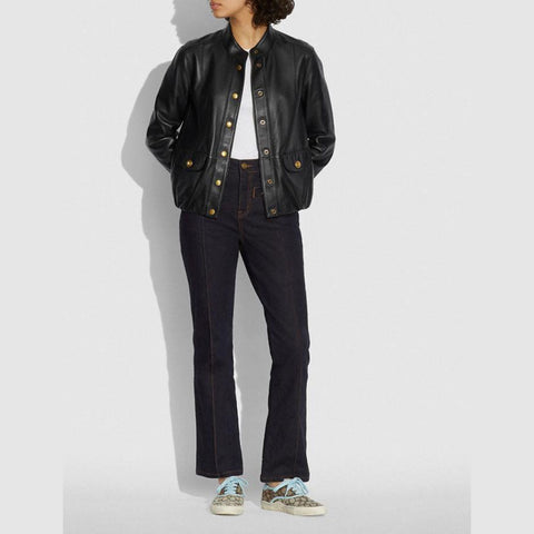 women’s black sheepskin leather aviator jacket side angle