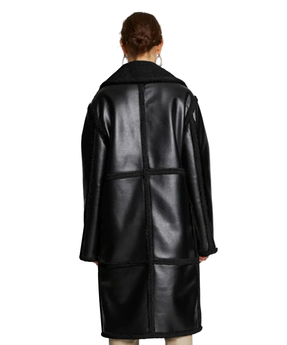 Women's Black Duster Sherpa Leather Trench Shearling Coat