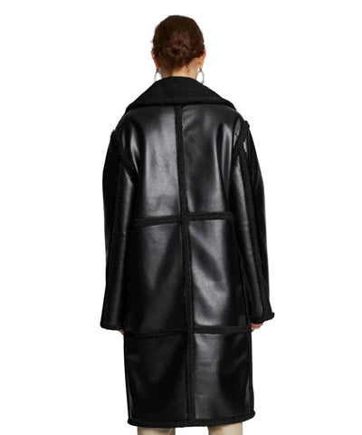 Women's Black Duster Sherpa Leather Trench Shearling Coat