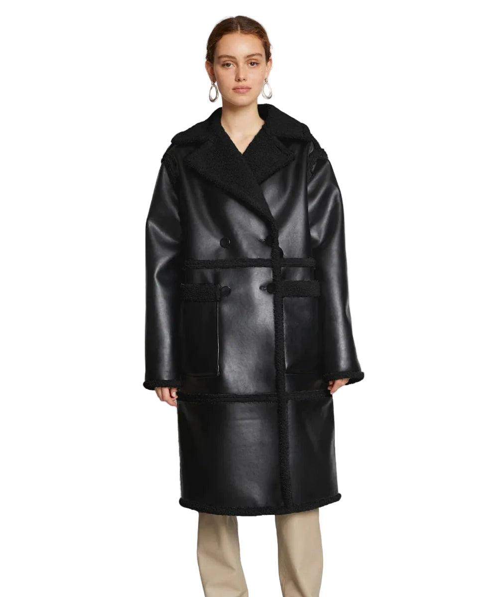 Women's Black Duster Sherpa Leather Trench Shearling Coat
